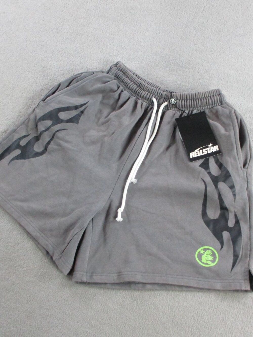 HELLSTAR Flame Shorts Mens Medium Gray Black Sweat Drawstring Graphic Grunge NEW - Picture 2 of 9